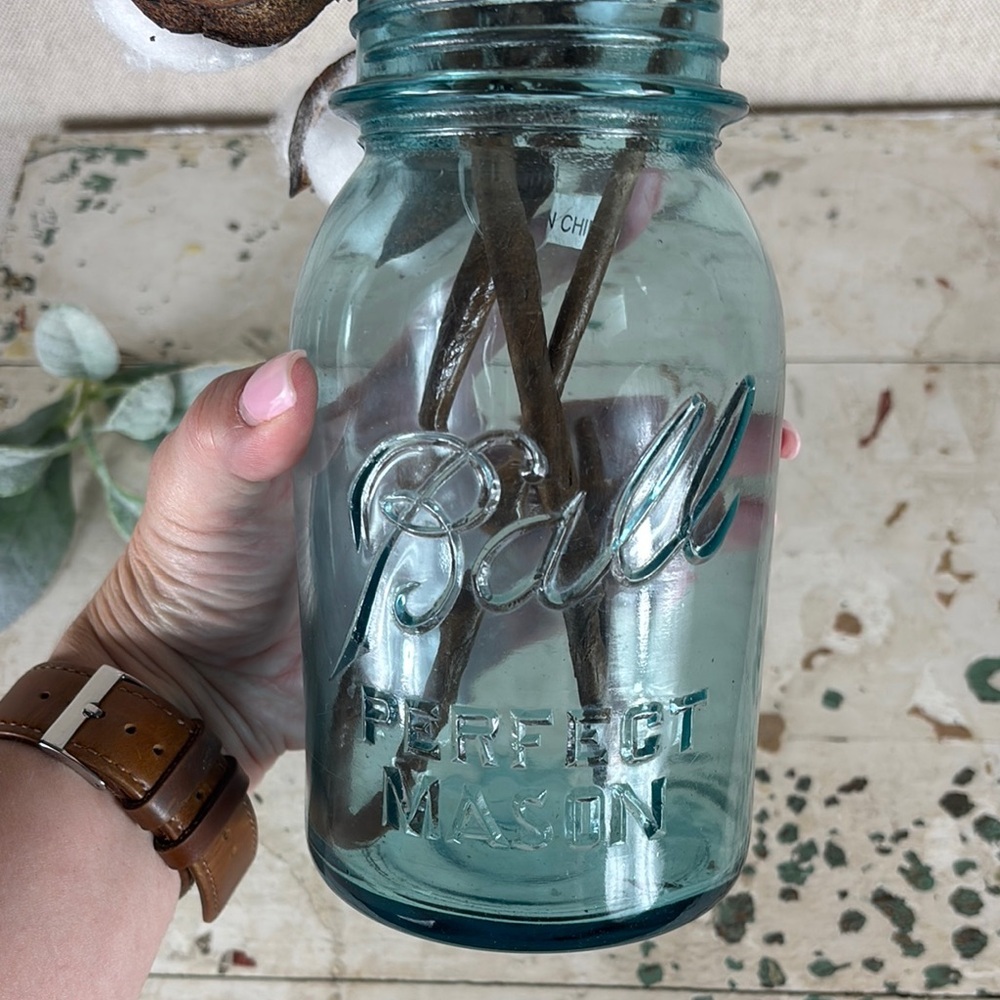 Rustic Cotton Stems in Blue Glass Vase - Picture 3 of 3